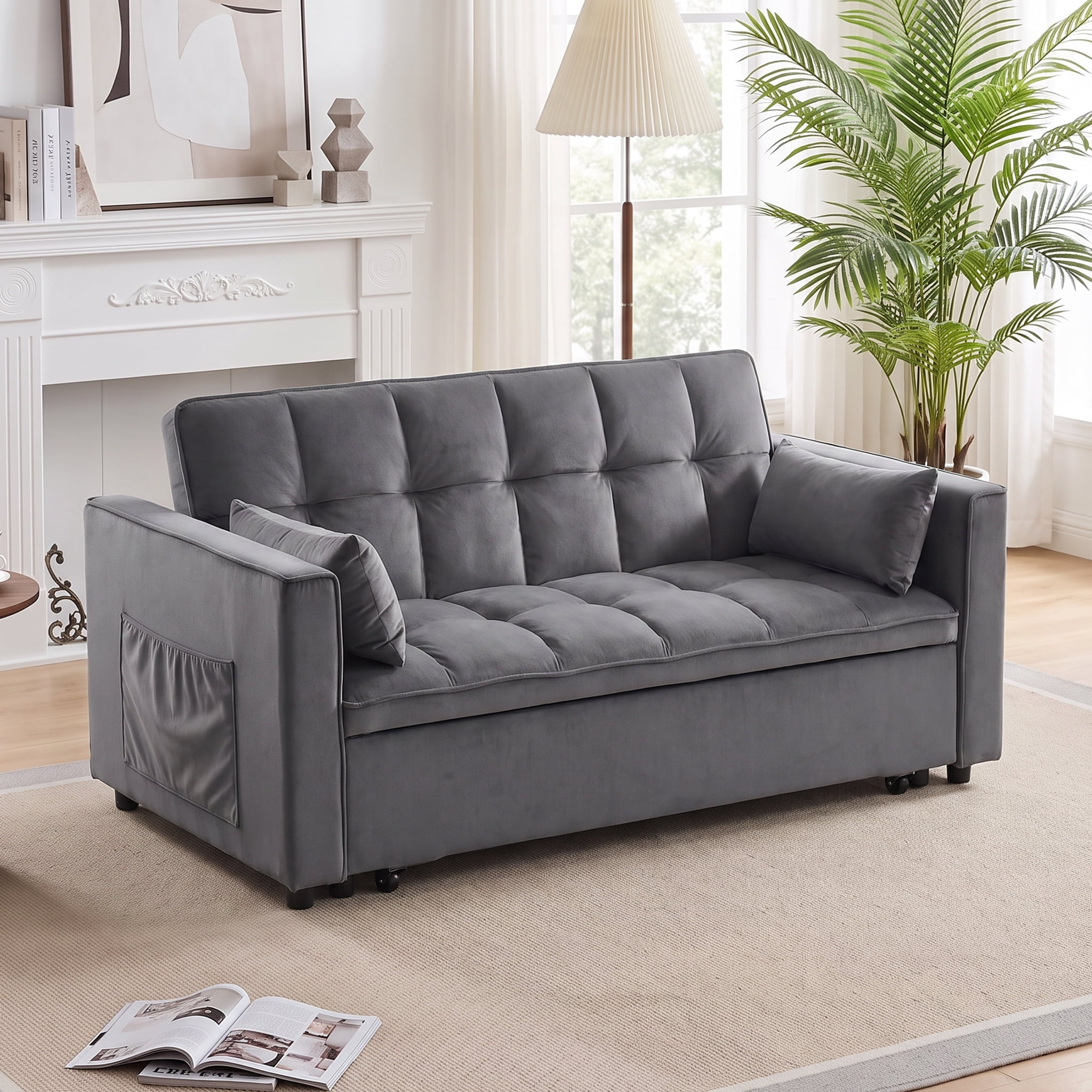 Pull Out Sofa Bed,Full-Size Sleeper Sofa,Velvet Convertible Loveseat Counch with Side Strong Pocket,Multi-Function 2-Seater Sofa Bed with Wheels for Living Room Apartment Guest Room,Gray