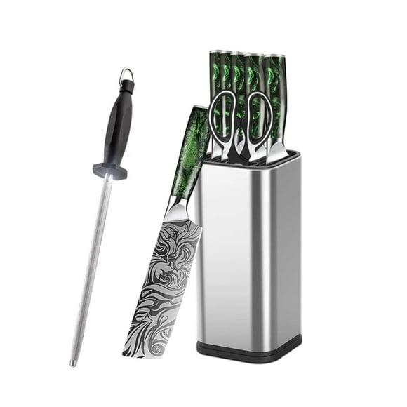 8PCS Kitchen Knives Set with Block and Sharpening Rod,Damascus Laser Japanese Chef Knife Block Holder for Home,Resin Handle