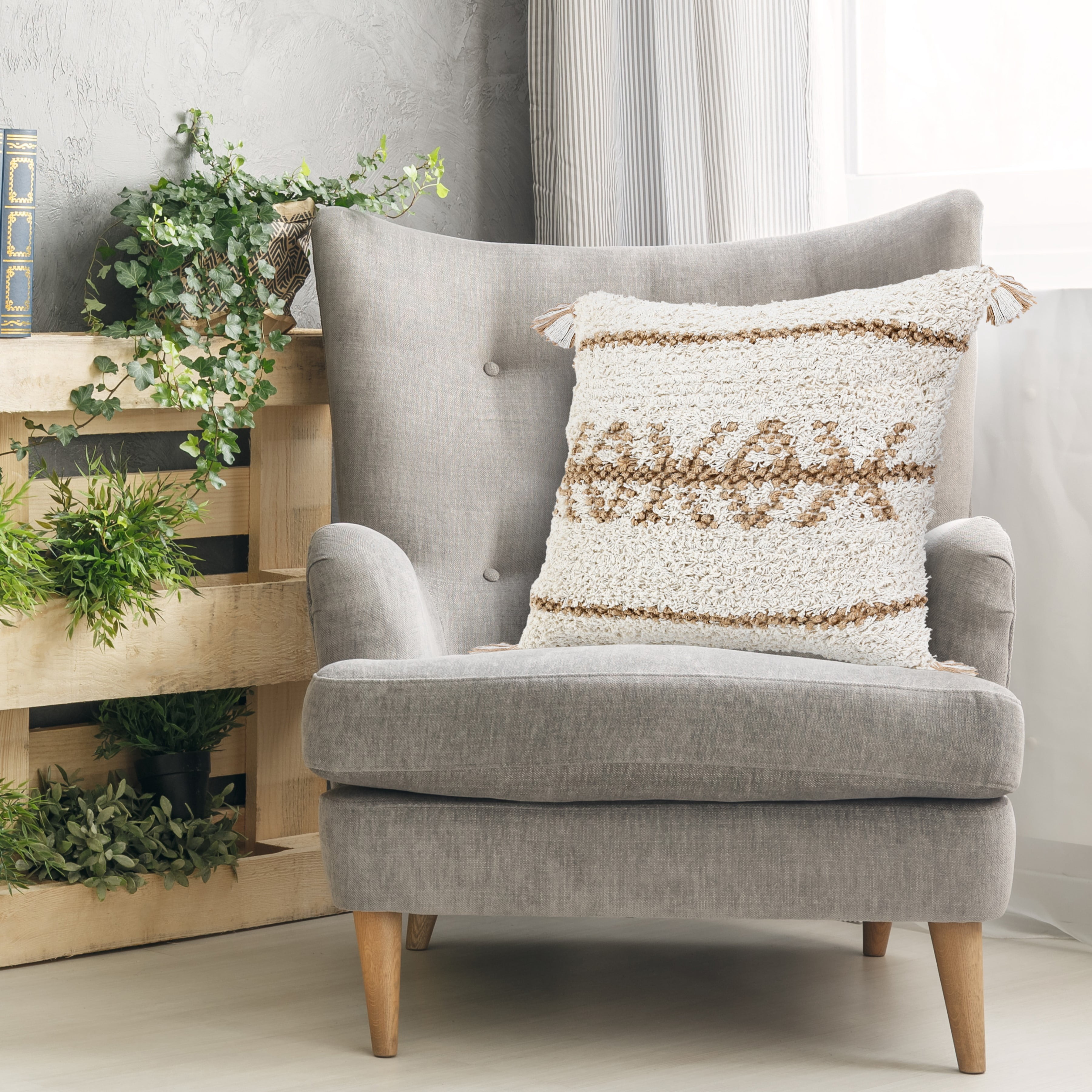 Desert Fields Boho-Chic Geometric Jute and Cotton Throw Pillow