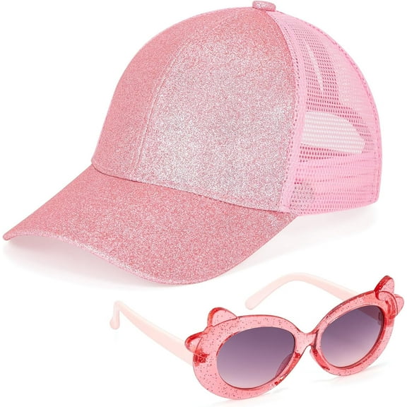 Kids Baseball Cap with Sunglasses for Girls Age 3-10 Years, UV Protection Outdoor Adjustable Glitter Sun Hat Summer Breathable Mesh Trucker Hat Pink Kids Sunglasses