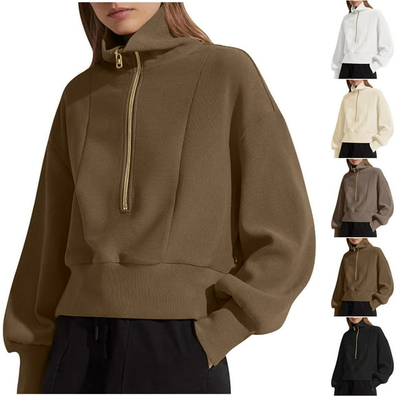 Brondbend Womens Half Zip Pullover Sweatshirt for Women Turtleneck Long Sleeve Solid Color Workout Top Loose Fit Fall Winter Outooor Athletic Comfortable ,Beige