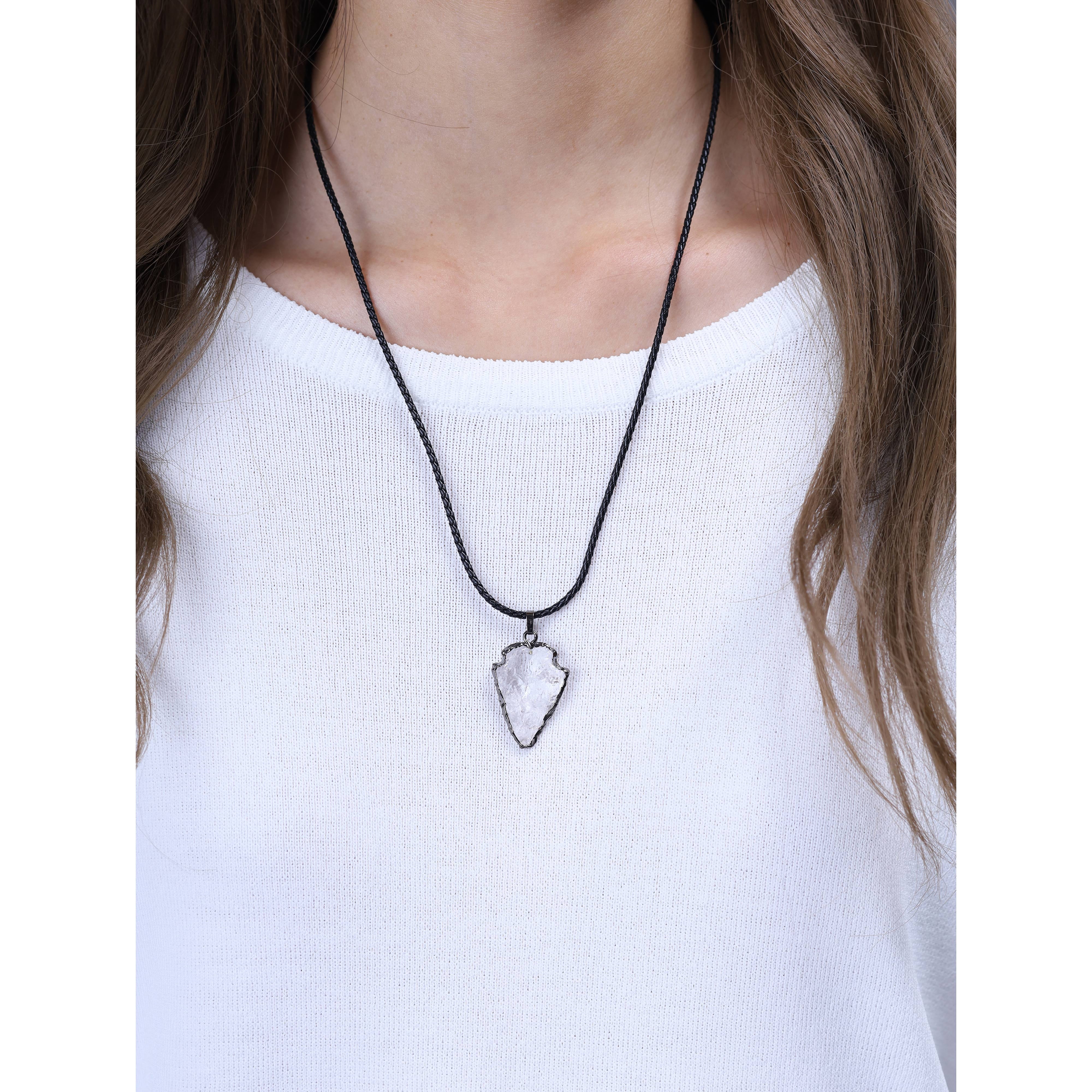 COAI Unisex Leather Cord Raw Clear Quartz Crystal Arrowhead Pendant Necklace