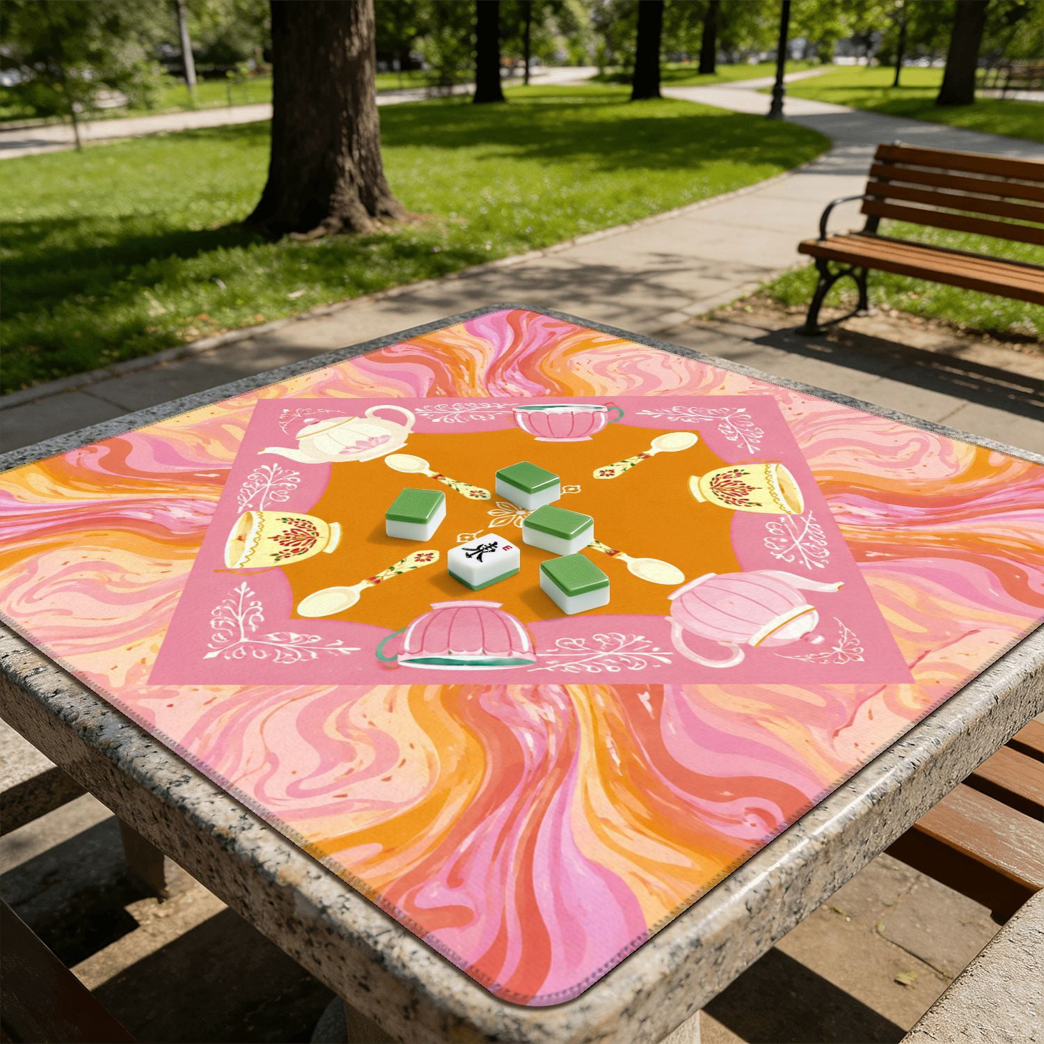 Mahjong Mat 31.5" x 31.5" Colorful Champagne Bottle Kaleidoscope Pink Orange Swirls Non-Slip Noise Reduction American Mahjong Tiles Table Cover for Dominoes Poker Card Board Games Gift