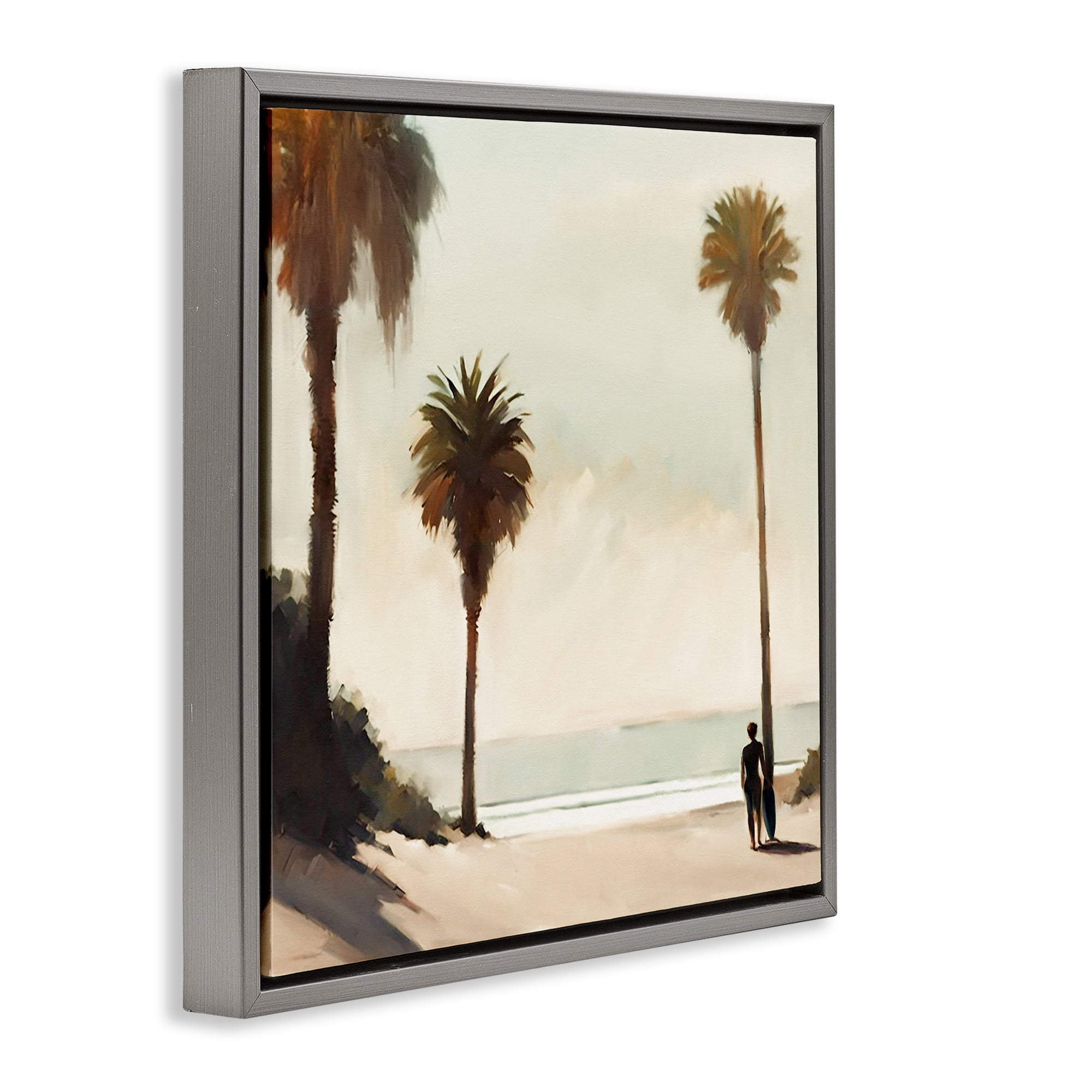Stupell Industries Surfer with Tropical Palms Landscape & Nature Painting Gray Floater Framed Canvas Art Print Wall Art, 18 x 18