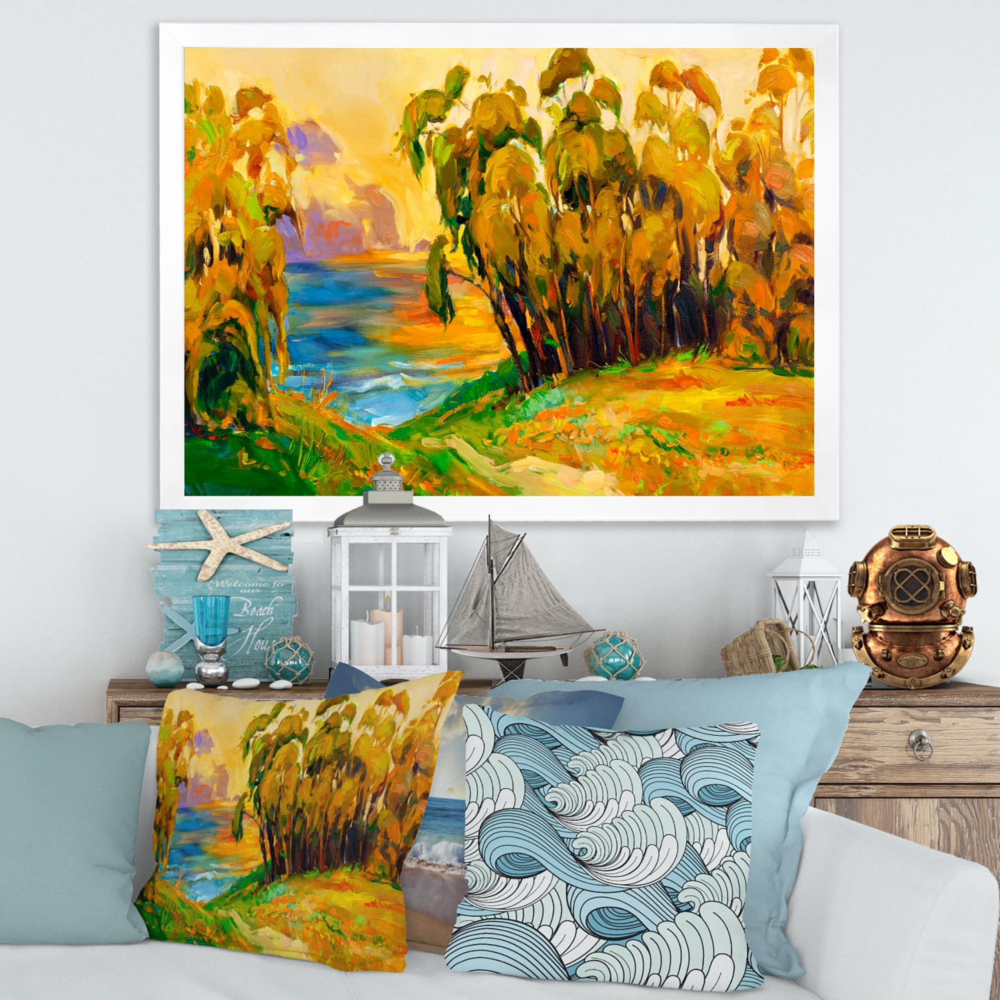 Brown Trees By The Riverside During Evening Glow 20 in x 12 in Framed Painting Canvas Art Print, by Designart