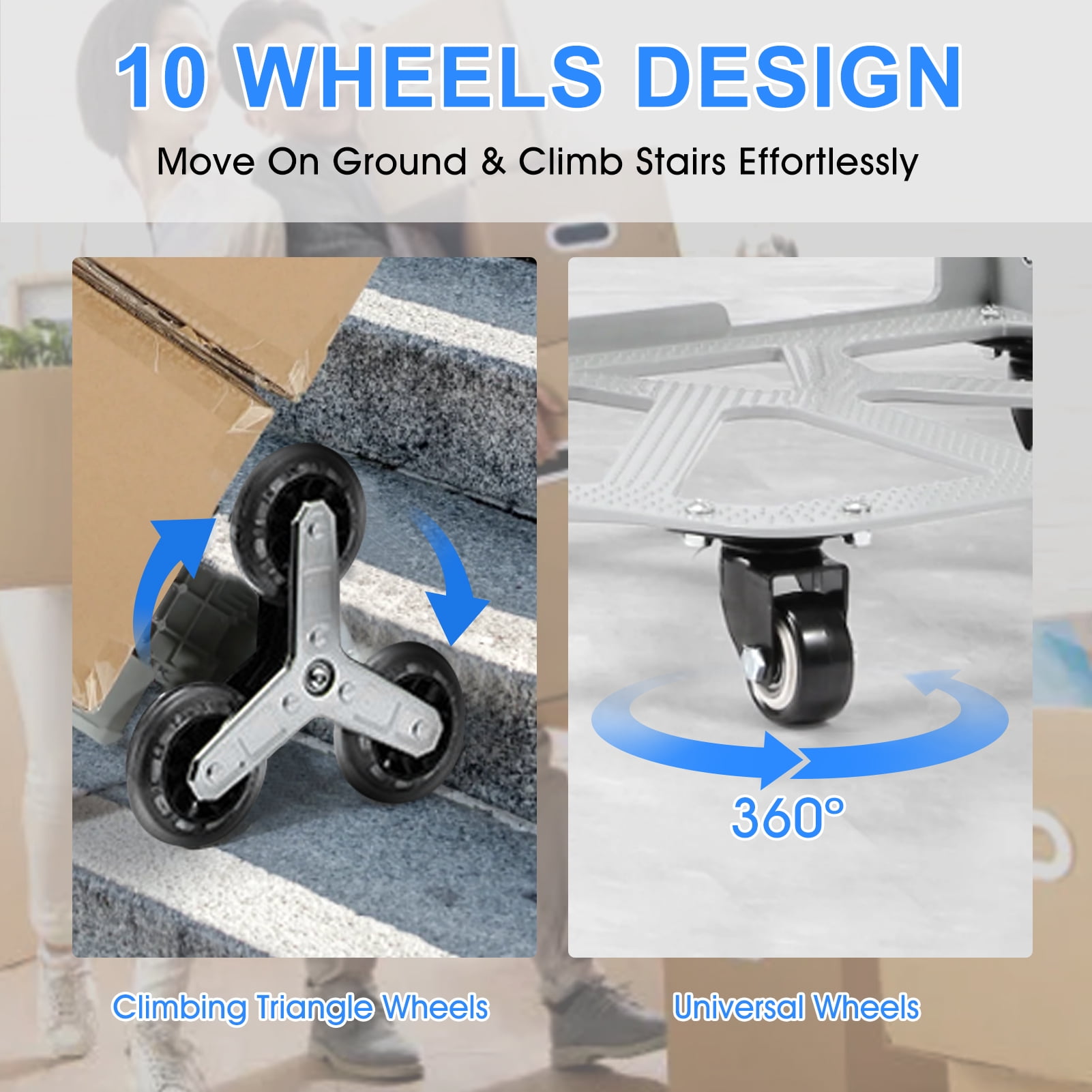 Stair Climbing Cart, 220 lbs Capacity, Foldable Heavy-Duty Hand Truck with 33.8-41.7 inch Adjustable Handle Height, 4 Universal Wheels & Elastic Ropes, Multipurpose Dolly for Warehouse Shopping