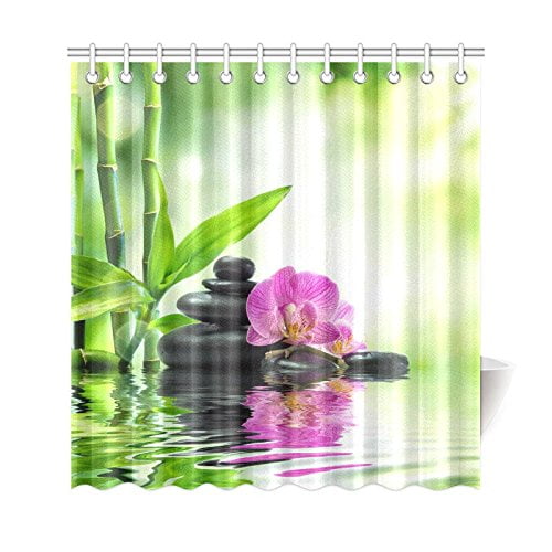 Spa Bathroom Waterproof Fabric Shower Curtain Set Asian Zen Spring Water Stones