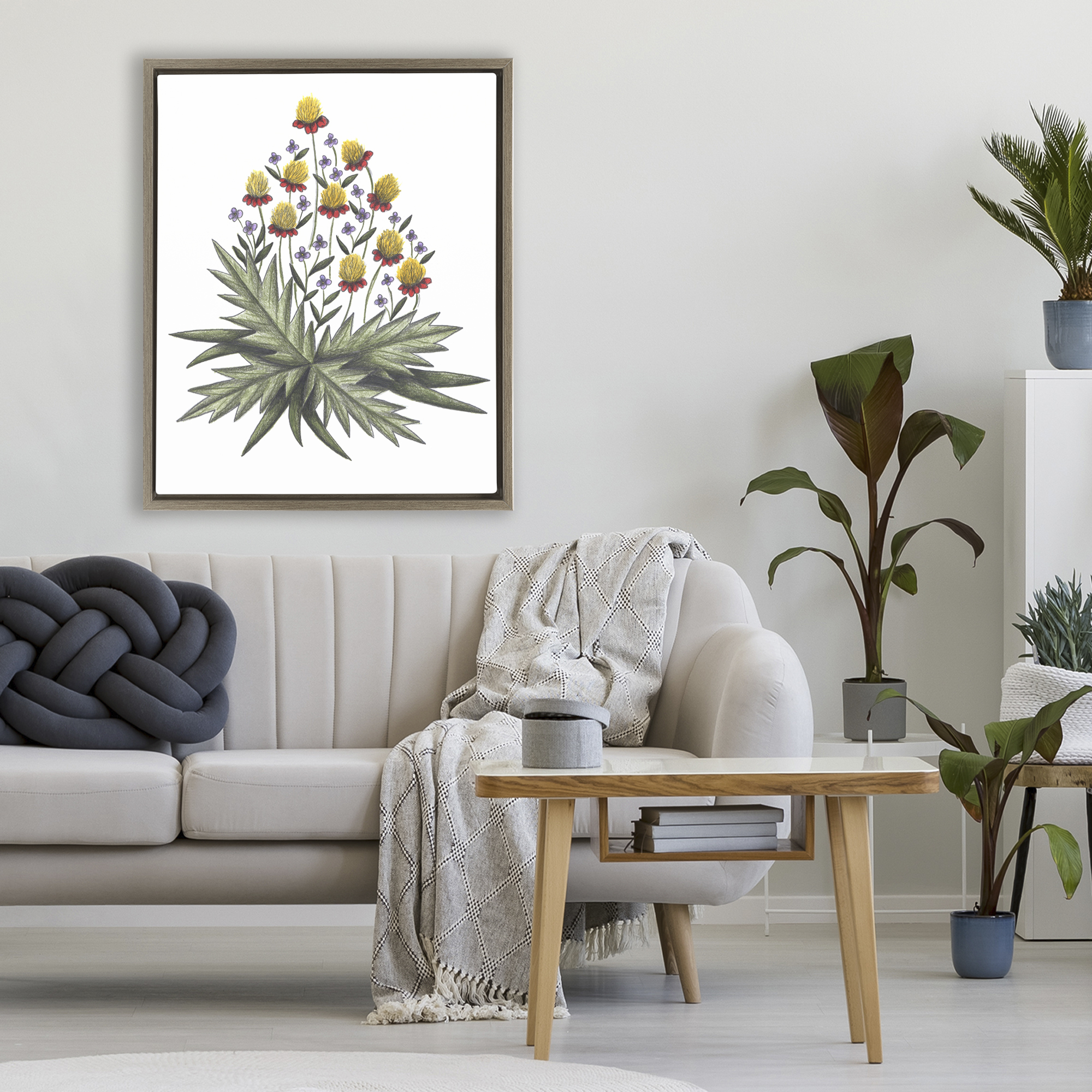 Yellow Leafy Wild Flowers Brown Framed Floater Canvas Wall Art, design by Cecilia Battaini