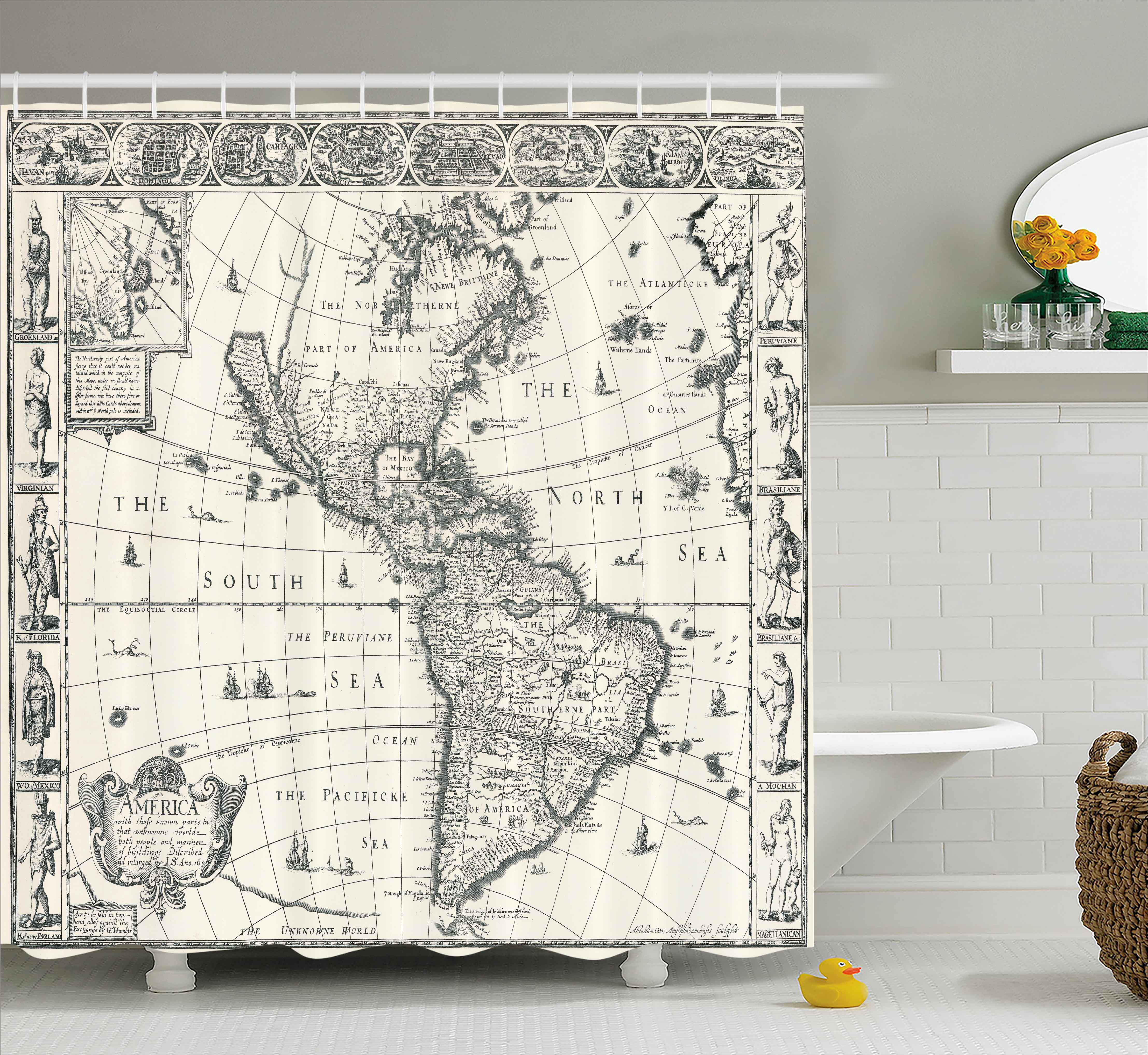 Ancient World Map Shower Curtain Set Bathroom Accessories Waterproof Fabric Hook 