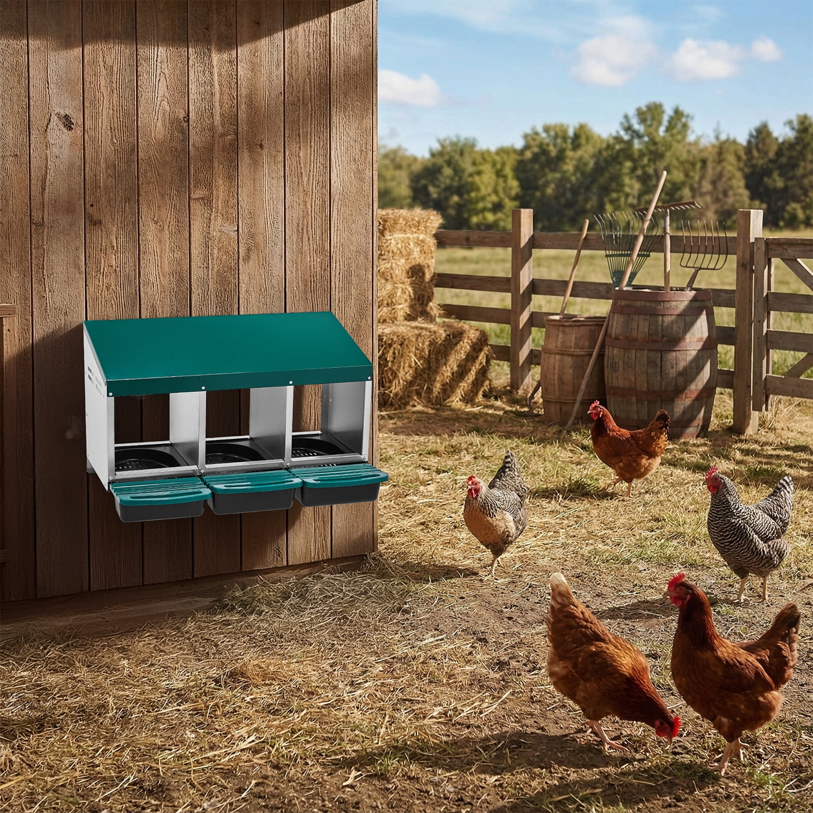 Chicken Nesting Box, 3 Compartment Nesting Box for Laying Eggs, Wall Mount Chicken Brooder Box with Perch, Easy Egg Collection, Cleanable Pull Out Hen Roosting Boxes, 3 Holes, Green