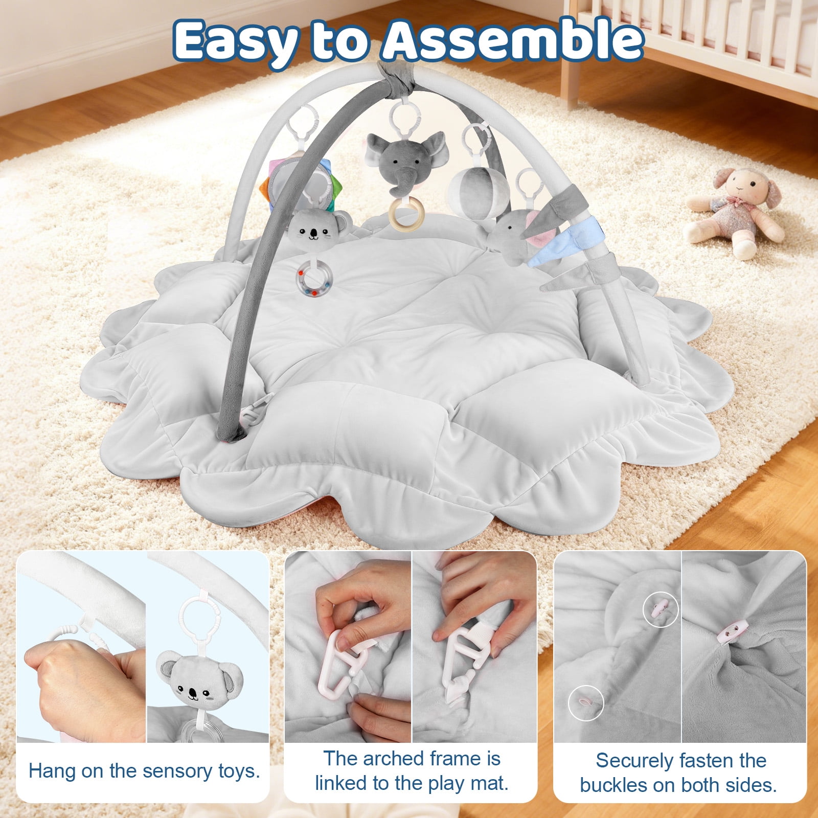 OMZER 5-in-1 Convertible Baby Play Gym, Non-Slip & Washable Activity Center for Babies, Grey