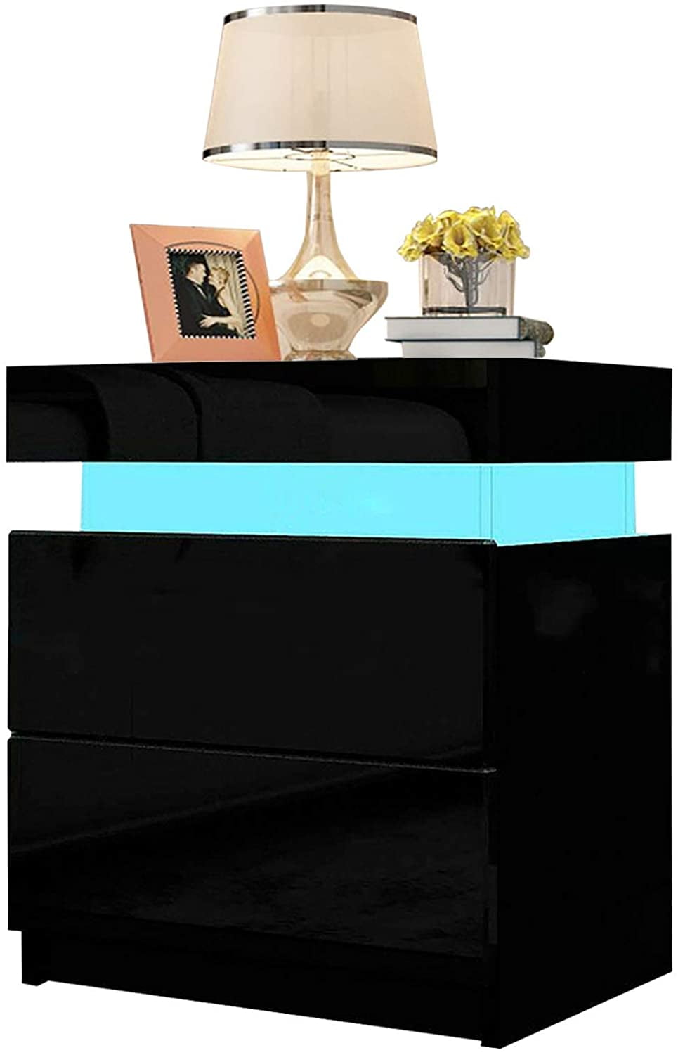 High Gloss Front White Bedside Cabinet Table 2 Drawers Nightstand FREE LED