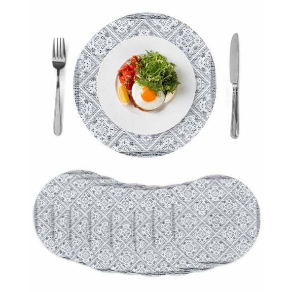Grey Flowers Round 13 Inch Placemats Set of 8, Spring Floral Farmhouse Retro Art HeatResistant Non Slip Place Mats for Dining Table, Wipeable Braided Kitchen Table Mats for Housewarming