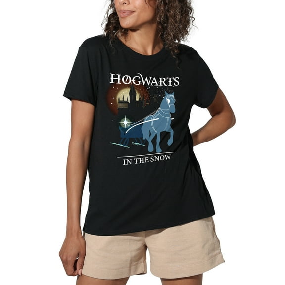 Harry Potter Hogwarts Christmas In The Snow Women's Loose T-Shirt, Black, X-Large