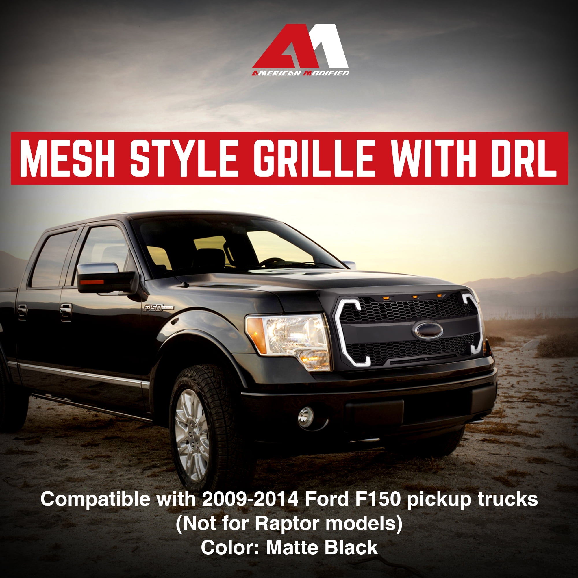 AMERICAN MODIFIED Raptor Style Mesh Grille for 09-14 Ford F150, Matte Black
