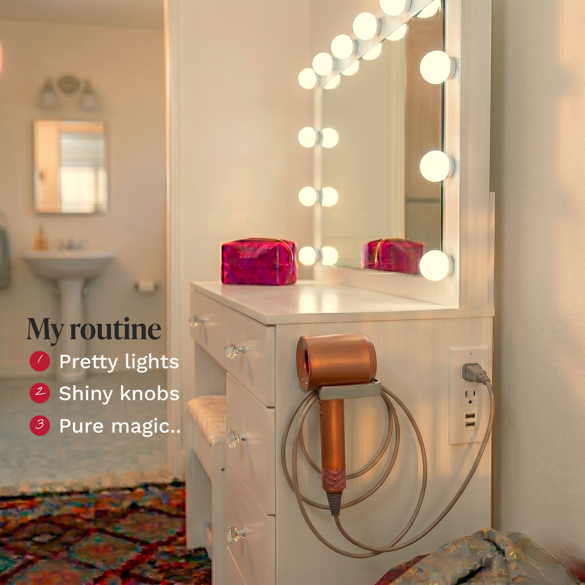 Ember Interiors Nadia Makeup Vanity Desk with 12 LED Lights, 5 Drawers, USB Charging Station, and Stool, White