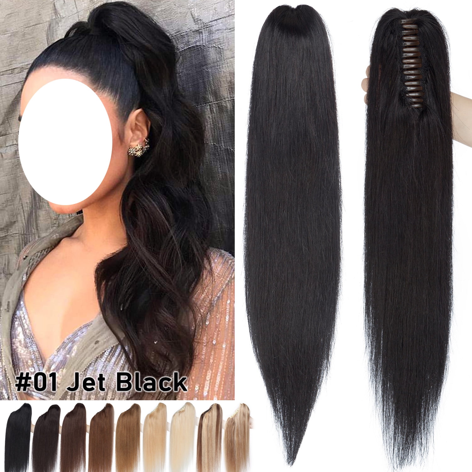 Benehair Claw Clip On Hair Ponytail 100% Remy Human Hair Extensions Real Thick Jaw/Claw Clip Pony Tail 18" Soft Black