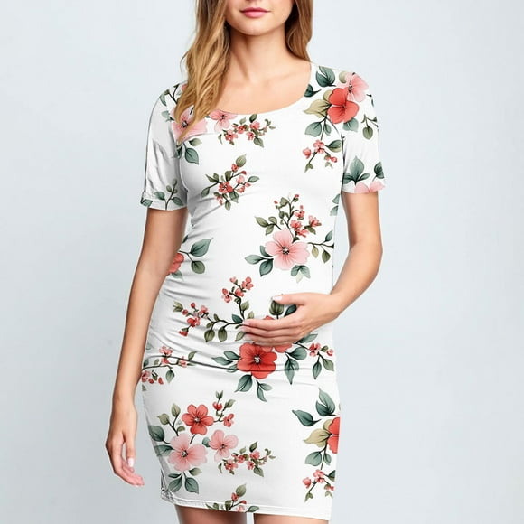 yoeyez Plus Size Maternity Dress for Women Short Sleeve Scoop Neck Flower Print Sun Dress Maternity Nursing Dress Plus Size Pregnancy Clothes On Clearance Multicolor,S