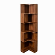 5 Tier Corner Bookshelf with LED Lights, L-Shaped Corner Shelf Stand, Space Saving Bookcase with Baffle, Freestanding Display Storage Rack for Living Room, Bedroom, Home Office, Walnut