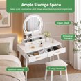 thumbnail image 3 of Small Makeup Dressing Table Vanity Set with Round 3‑Color Dimmable LED Lighted Mirror, 4 Storage Drawers, Solid Wood Legs and Cushioned Stool for Compact Bedroom,Black, 3 of 7
