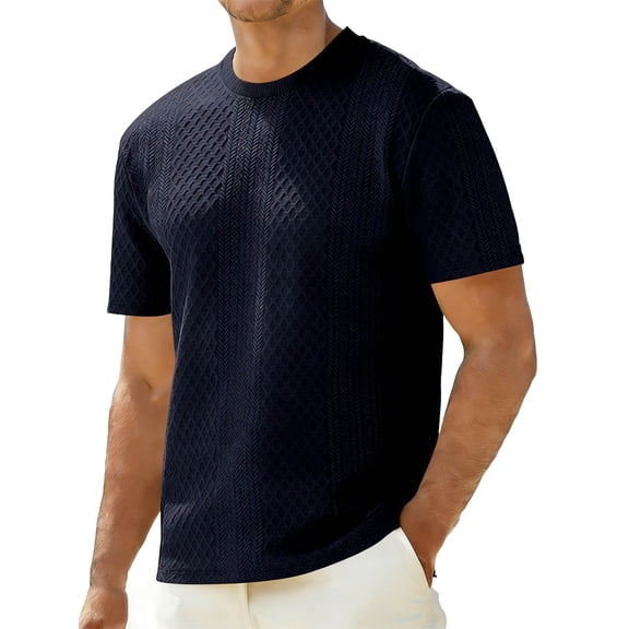 USNSM Mens Knit Short Sleeve T Shirts Casual Crewneck Solid Color Shirt Summer Jacquard Textured Stretch Pullover Tees Blue XXL