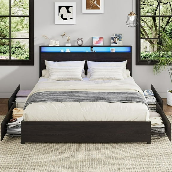 AENKYO King Size Bed Frame with LED Lights, Storage Headboard & 4 Drawers, Built-in Charging Station, Antique Black
