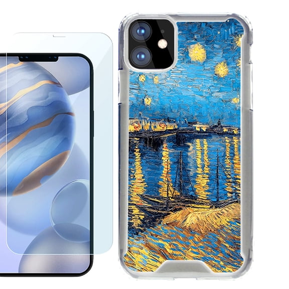 For Apple iPhone 12 Case, iPhone 12 Pro Case, Hybrid Bumper Phone case, with Tempered Glass Screen Protector, by OneToughShield ® - Starry Night Rhone