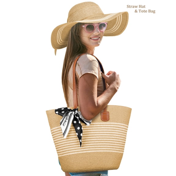 KOITHOT Sun Hat and Tote Bag for Women Wide Brim UPF 50  Women Summer Straw Hat for Women, Khaki