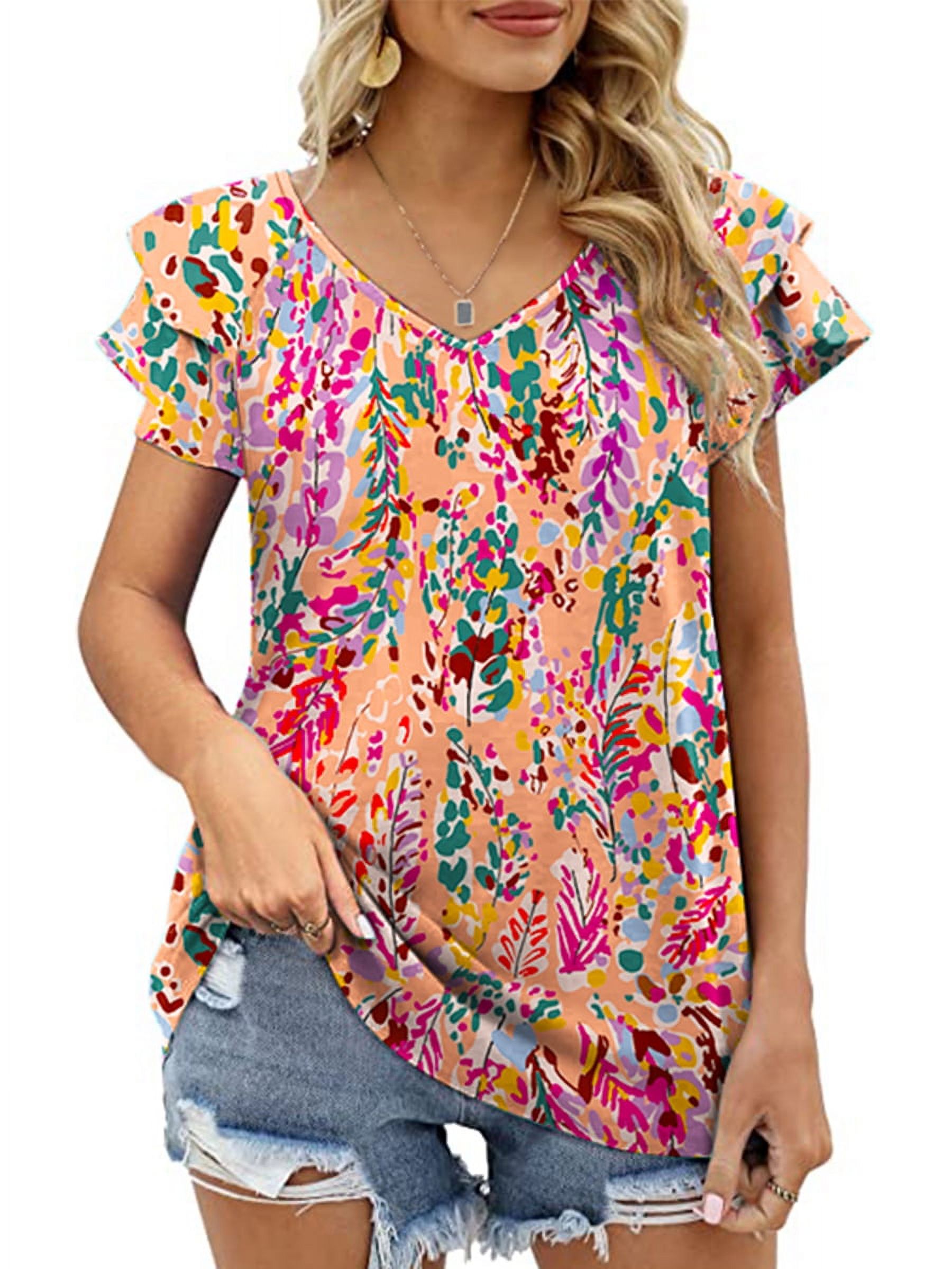 Womens Tops Summer Double Ruffle Short Sleeve V-Neck Casual Blouses, White Blue-3XL(US 24-26)
