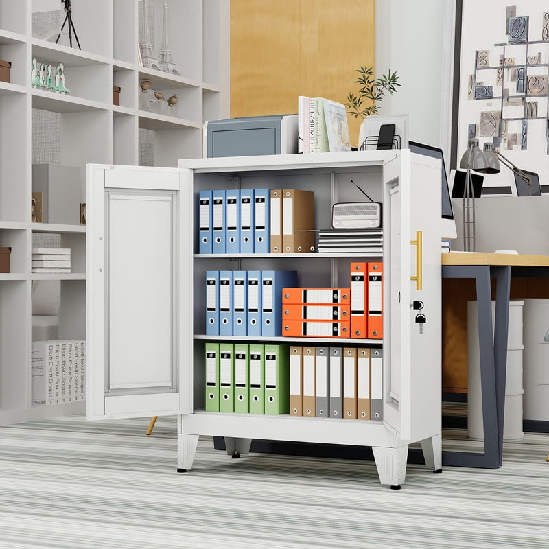 Erosoei Small Metal White Office Storage Cabinet with Shelves and Lock,Steel File Cabinet