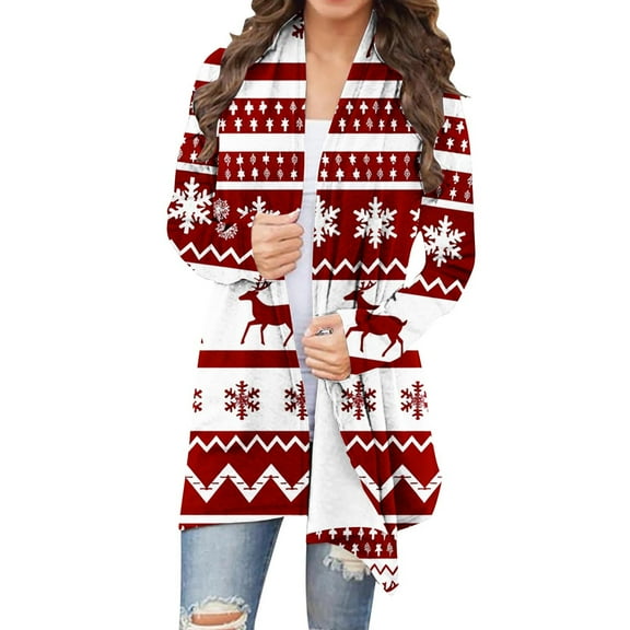 AOOCHASLIY Christmas Women Coat Women's Fashion Christmas Printed Long Sleeved Cardigan Jacket Tops