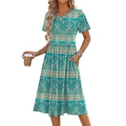 Fantaslook Summer Short Sleeve Midi Dresses for Women Casual Floral T Shirt Dresses Flowy Beach Sundress with Pockets