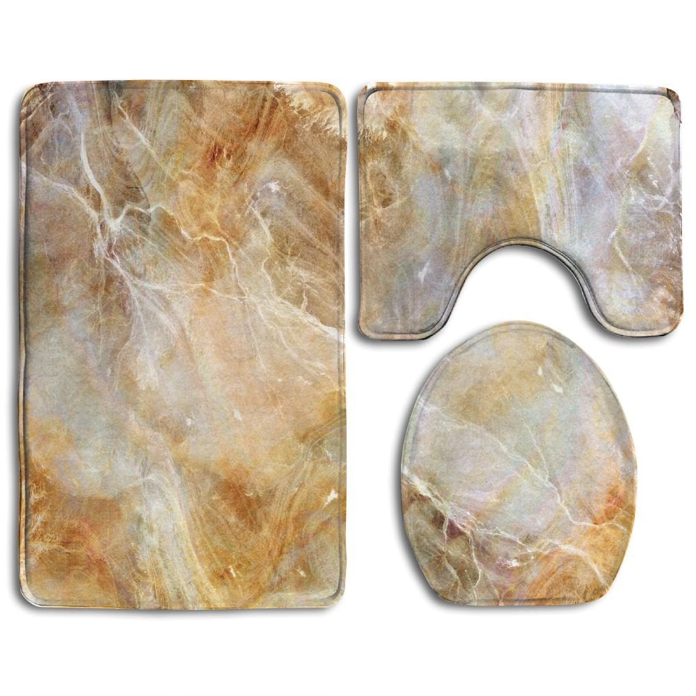 CHAPLLE Marble Texture Gold Light Nacre 3 Piece Bathroom Rugs Set Bath