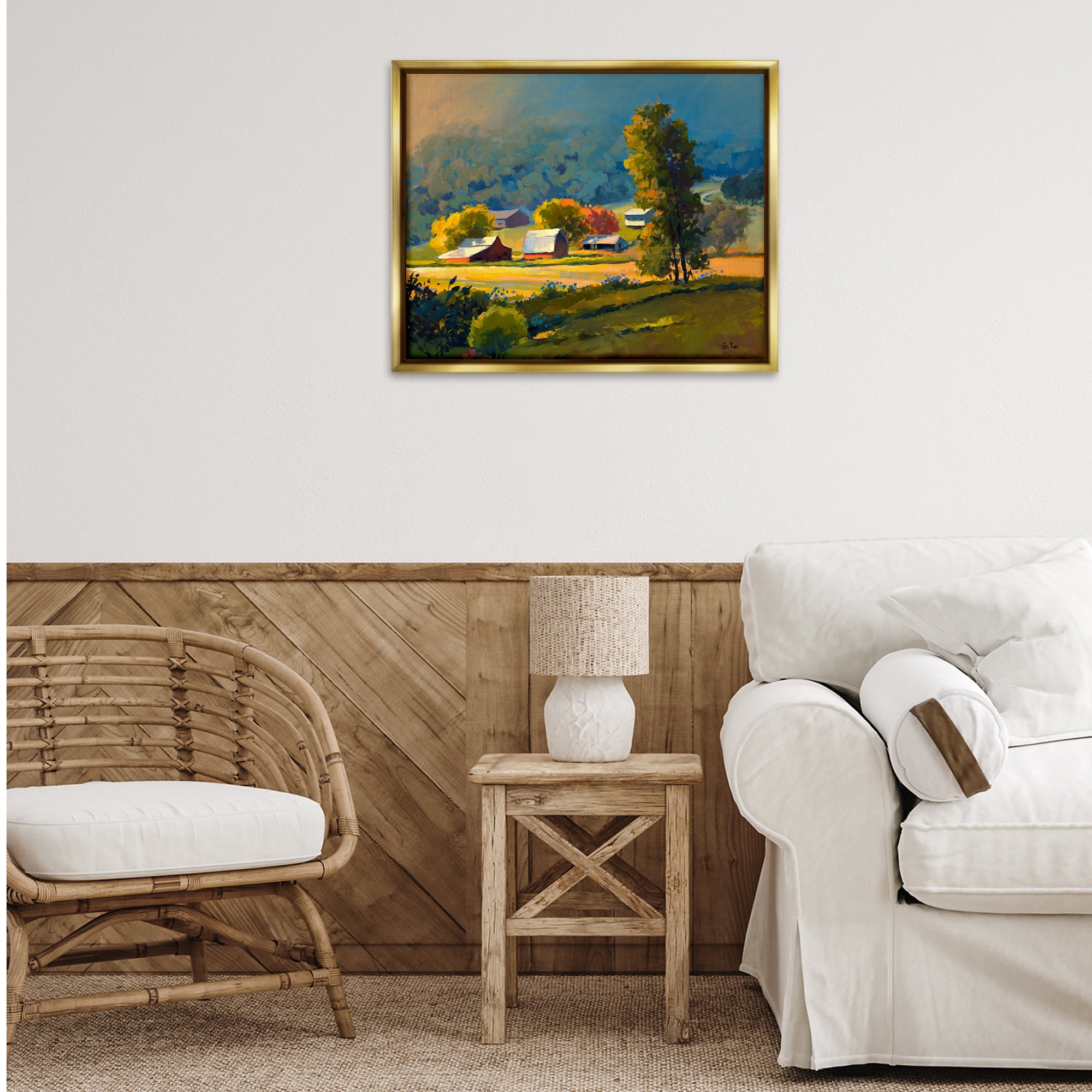 Stupell Industries Early Fall Farmland Landscape & Nature Painting Gold Floater Framed Canvas Art Print Wall Art, 31 x 25