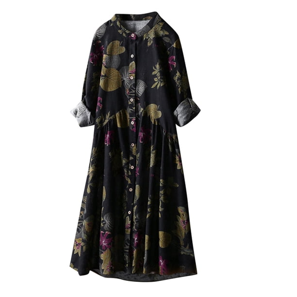 Vestido camisero suelto de lino y algodón de manga larga con estampado de hojas vintage para mujer Fridja yut96