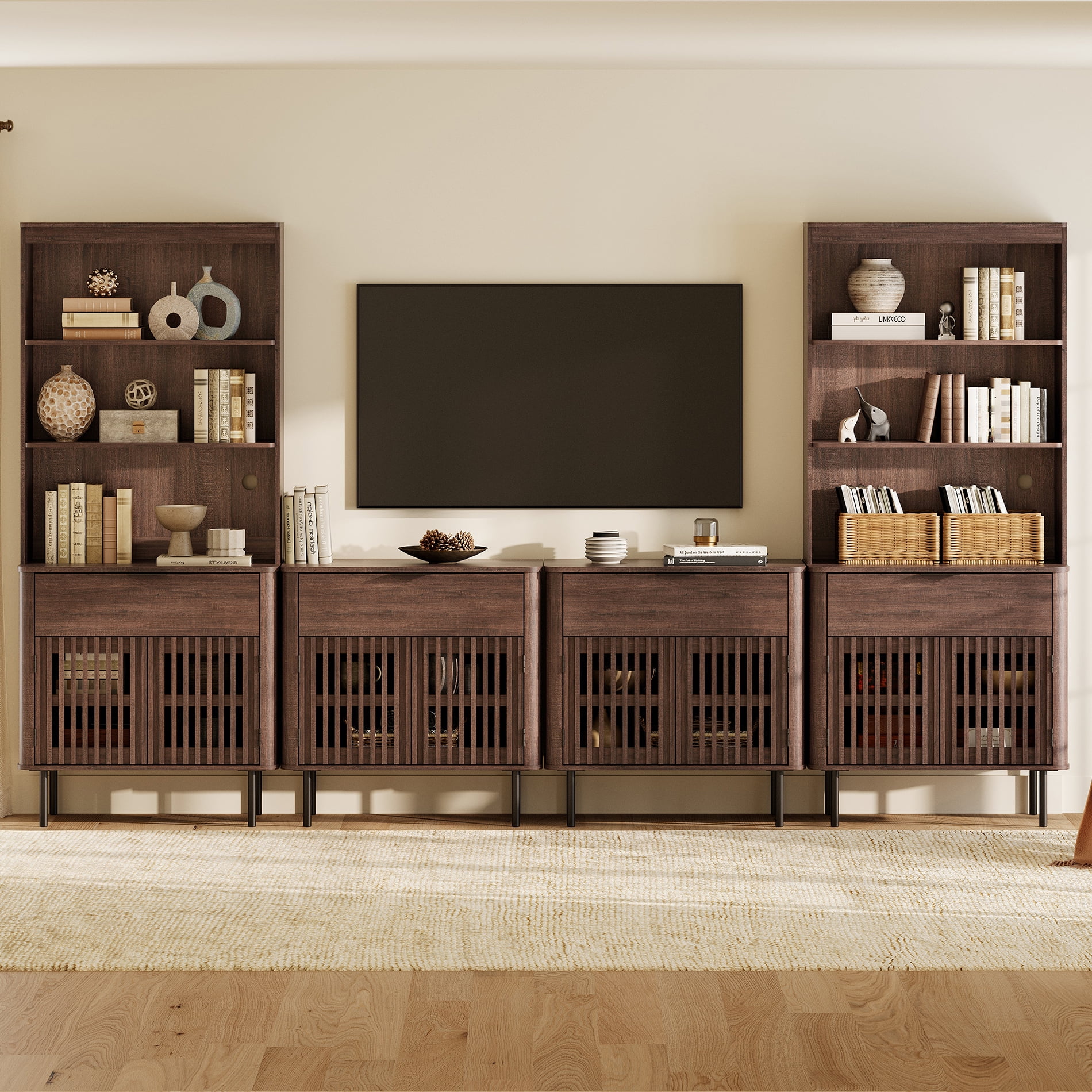 WAMPAT 72.8" Tall Bookshelf with Doors and Drawers, Modern Bookcase with Storage, Adjustable Shelves, Wood Storage Cabinet, Walnut
