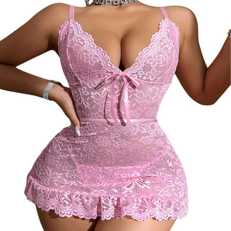Tao Tao Valentine s Day Women Babydoll Underwear Lace Chemise Fashion Nightgown Ruffle Hem Sleep Dress Pink 2XL