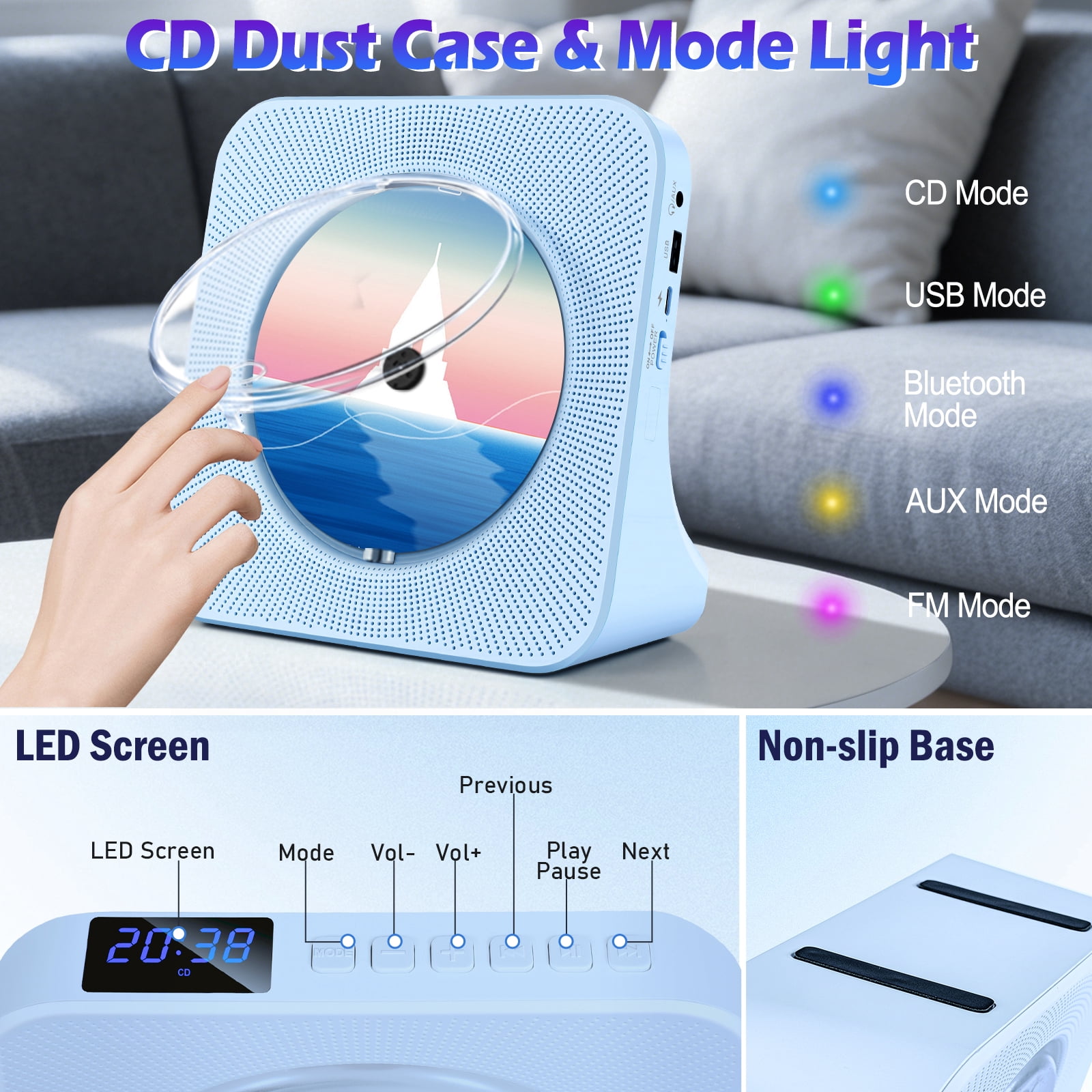 Blue Desktop CD Player for Home Portable CD Player with Bluetooth Support CD/Bluetooth/FM Radio/USB/AUX, Small HiFi Speakers with  Remote Control
