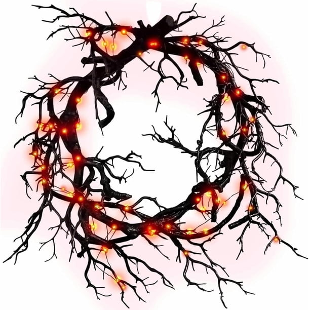 Guirnaldas de ramas negras de Halloween para puerta de entrada con luces, guirnalda de terror de Halloween, decoraciones espeluznantes de Halloween para exteriores e interiores, letrero colgante de ot