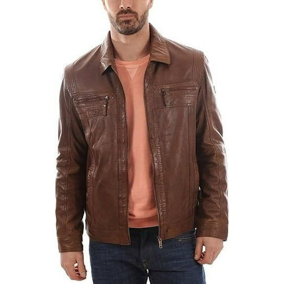 Men's Genuine Brown Lambskin Leather Jacket Slim fit Biker Motorcycle jacket A354