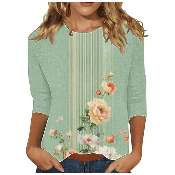 CYMMPU Floral Printed 3/4 Sleeve Crew Neck Spring Tops Blouses for Women Dressy Casual Loose Fit T-Shirts Fall Fashion Shirts Lightweight Basic T-Shirts Green XXL