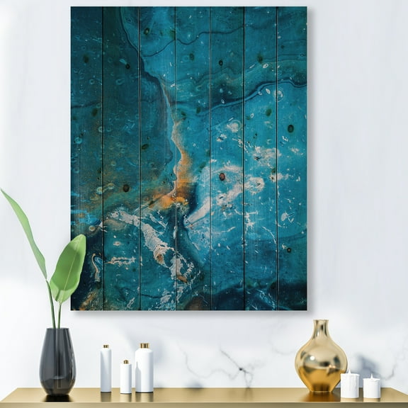 Designart 'Abstract Blue Marble Composition I' Modern Print on Natural Pine Wood
