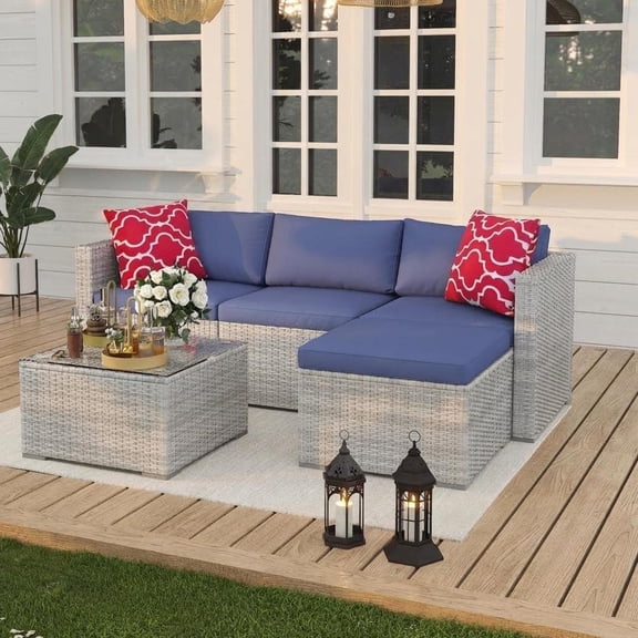 5-Piece Wicker Patio Furniture Set,Outdoor Sectional Sofa with Thick Cushions & Rattan Coffee Table,All-Weather Set for Deck Backyard Lawn,Grey Wicker with Blue Cushions