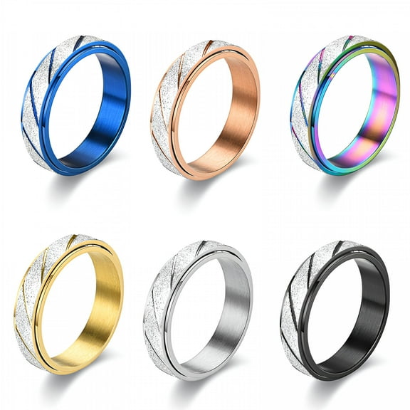 DESIGNICE 6 Pcs Spinner Rings for Women Men Anxiety Relief, Titanium Steel Finger Ring Frosted Slash Line Color Block Striped Turnable Ring Fidget Rings Fashion Jewelry Size 6-12