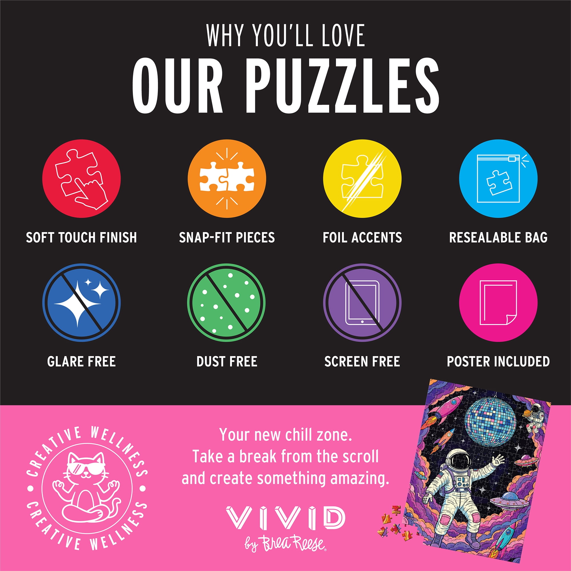 Vivid by Brea Reese: 300 Piece Puzzle - Disco Orbit - Astronaut Space Dance Scene Jigsaw, Soft-Touch Pieces, Metallic Foil, Image Reference Poster
