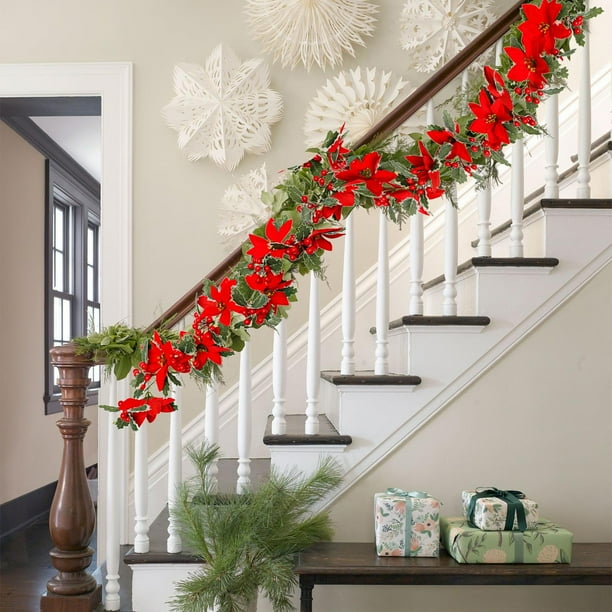 Guirnaldas Colgantes Navideñas Artificiales de Ratán con Frutos Rojos para Escaleras, Paredes, Chimeneas, Decoración Interior y Exterior.