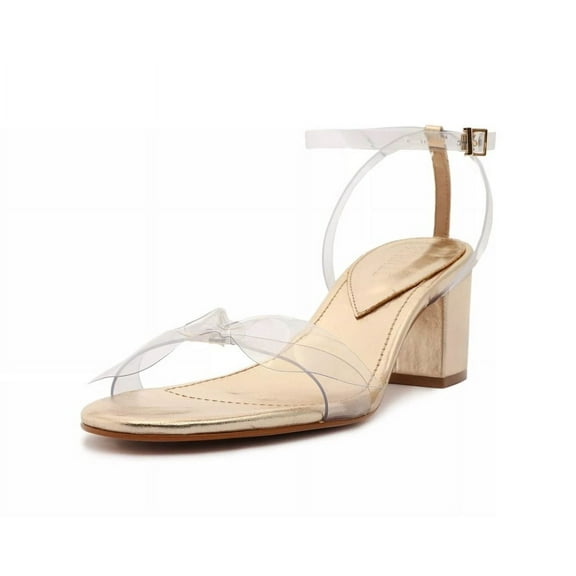 Schutz Elyda Mid Gold Leather Dress Open Toe Ankle Strap Block Heeled Sandals (Gold, 9.5)