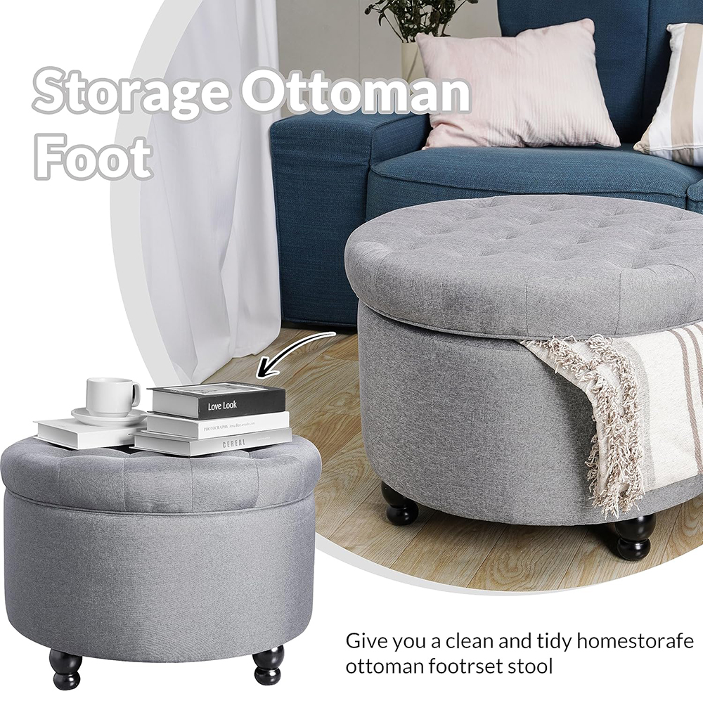 Elevon Large Round Storage Ottoman with Hidden Compartment, Upholstered Accent Ottoman for Living Room and Bedroom, Navy Blue / Blue / Grey