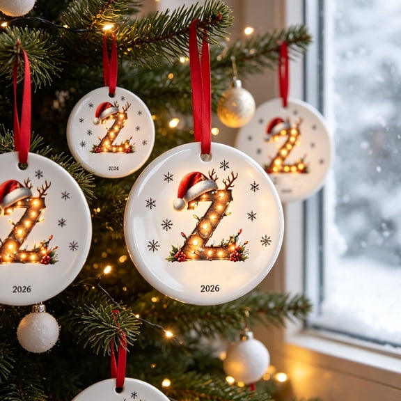 Fievgin Christmas Ornament 2026, Letter Z Initial Decoration with Santa Hat for Tree & Gift