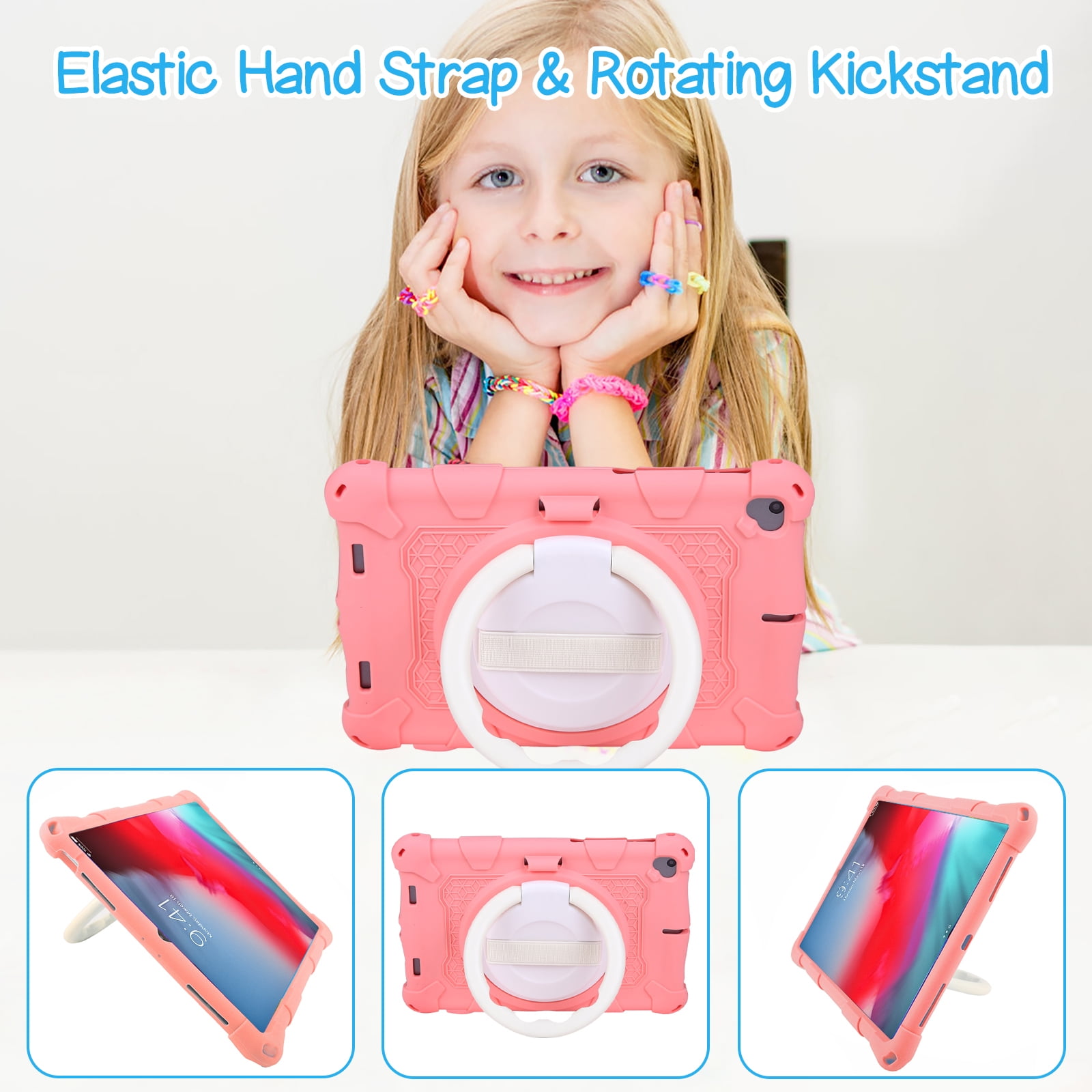 For iPad 6th 5th Generation Case, Soft Silicone Drop Protection Rotating Kickstand with Shoulder Strap Pencil Holder Kids Friendly Lightweight Case for iPad Air 1 2/ iPad 9.7" 2018/2017, Pink